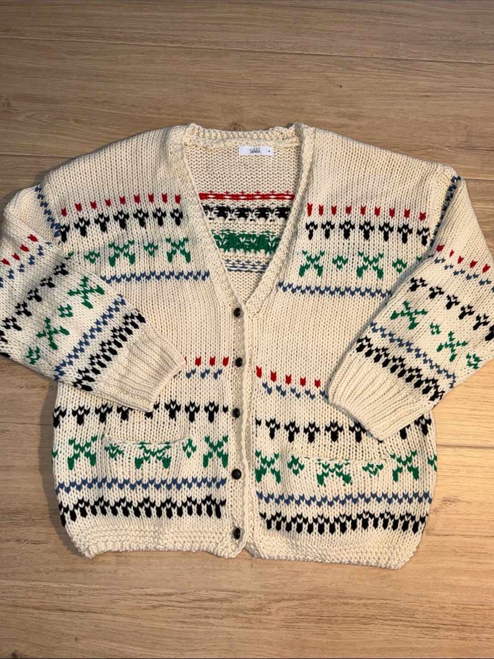 talulah Cream Chunky Knit Cardigan with Multicolor Fair Isle Pattern medium